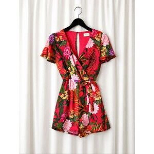 Everly Pink Tropical Floral Print Crossover Short Sleeve Elastic Waist Romper